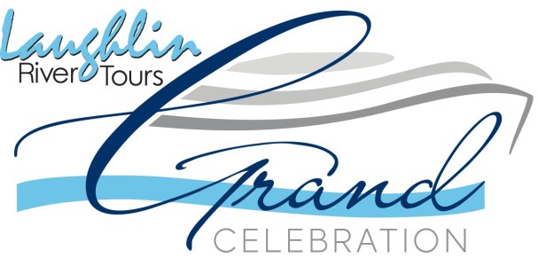 Laughlin River Tours Grand Celebration logo with cursive text and wave design.