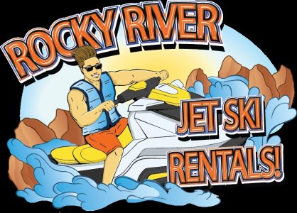 Cartoon man on a jetski with text 'Rocky River Jet Ski Rentals!' against a rocky background.